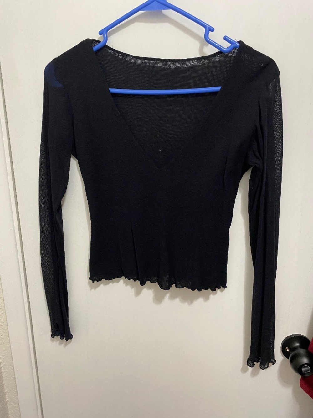 Black Size S Women’s Sheer  V-Neck Long Sleeves